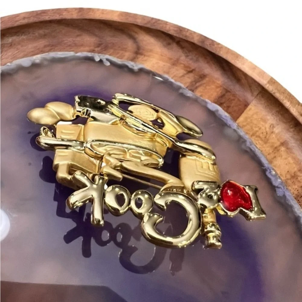 Vintage Danecraft Brooch Pin I Love 2  Cook Gold‎ Tone Chef Gift